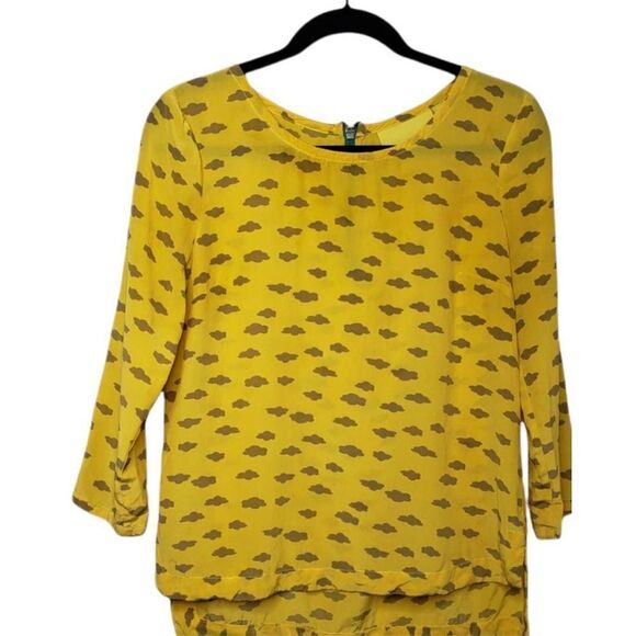 MaEve for Anthropologie Linosa Yellow with Gray Cloud 100% Silk Blouse s… - Picture 4 of 10